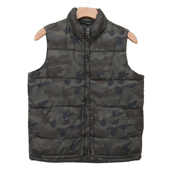 Old Navy Camo Puffer Vest Boys Large 10-12 Green Full Zip Insulated - Picture 1 of 11